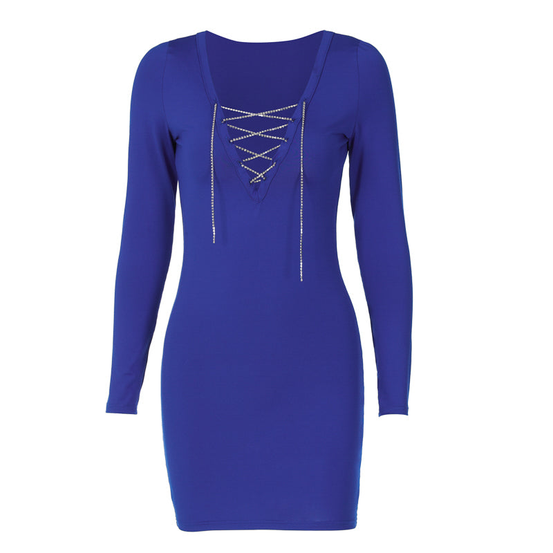 Voguable  Diamond Bandage Pure Color V Neck Skinny Mini Dress Bodycon Party Streetwear Concise Y2K