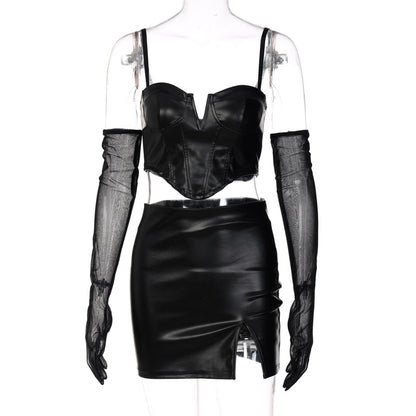 Hugcitar Pu Leather Slip With Detachable Sleeve Backless Crop Top Mini Dress 2 Pieces Set Fall Winter Party Y2K