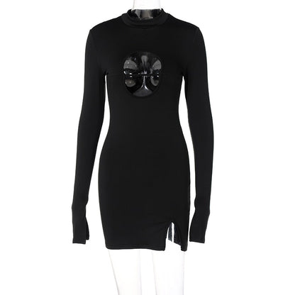 Voguable Long Flare Sleeve O Neck Bodycon Hollow Out Mini Dress Winter Outfit Y2K Slim Streetwear