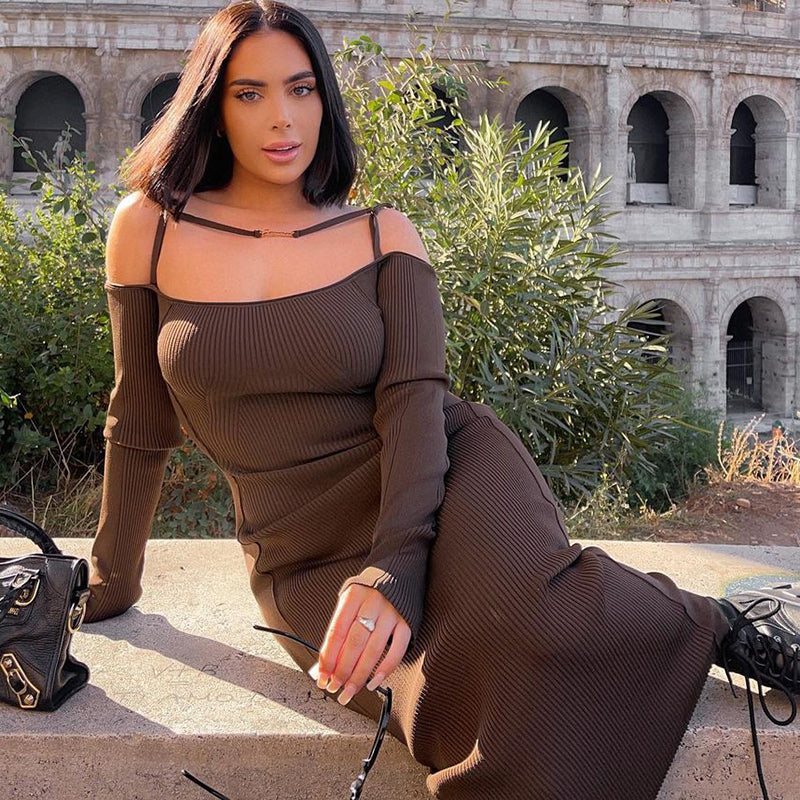 Voguable Ribbed Solid Slash Neck Slip Long Sleeves Bodycon Mini Dress  Elegant Streetwear Evening Party Y2K