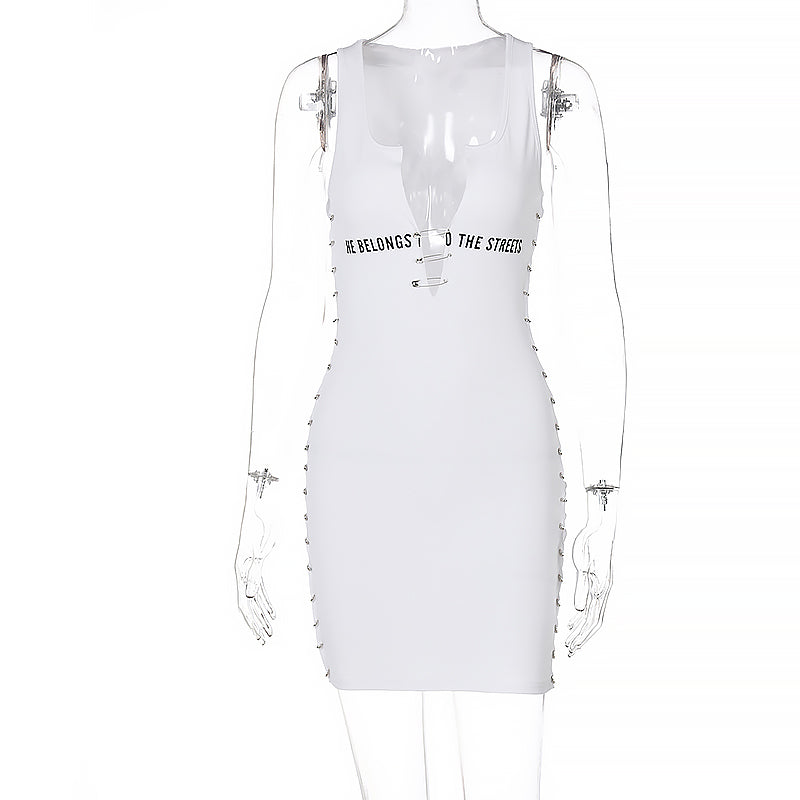 Voguable Sleeveless  Mini Dress Patchwork  With Corset Patchwork Zipper Bodycon Streetwear Casual Y2K