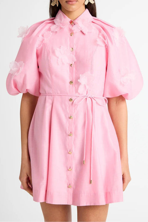 3D Flower Puff Sleeve Metal Button Mini Dress