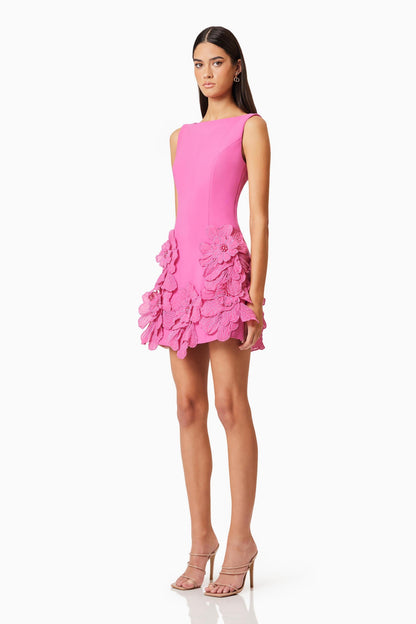 3D Flower Solid Round Neck Mini Dress