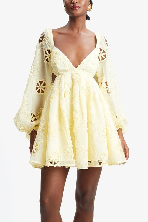 Cut-Out V-Neck Puff Sleeve Mini Dress