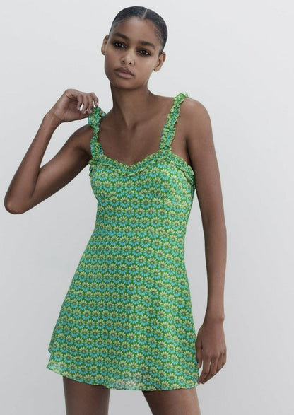 Green Floral Ruffled Strap Mini Dress