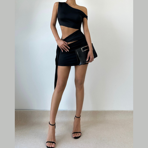 One shoulder hollow out knotted solid cut out mini dress  | Festival Outfits Women