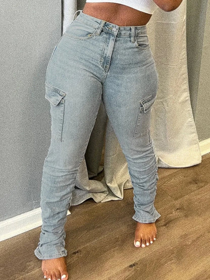 Plus Size High Waist Side Flap Pocket Cargo Jeans Women Zipper Ruched Design Skinny Trouser