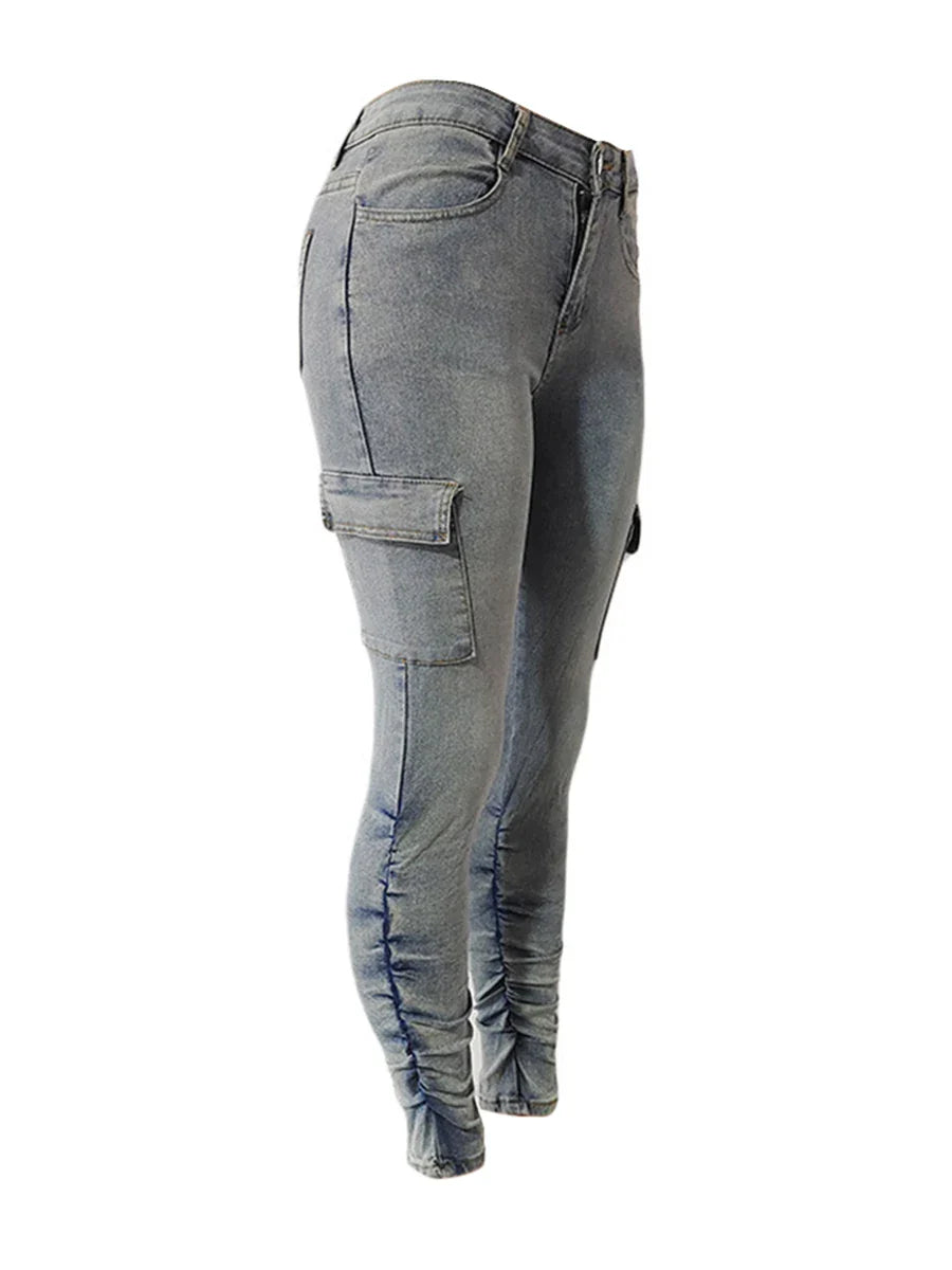 Plus Size High Waist Side Flap Pocket Cargo Jeans Women Zipper Ruched Design Skinny Trouser