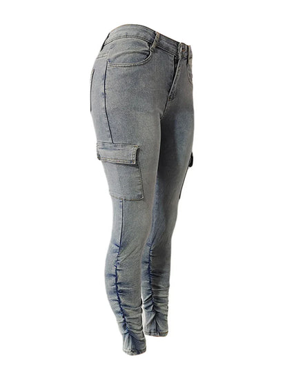 Plus Size High Waist Side Flap Pocket Cargo Jeans Women Zipper Ruched Design Skinny Trouser