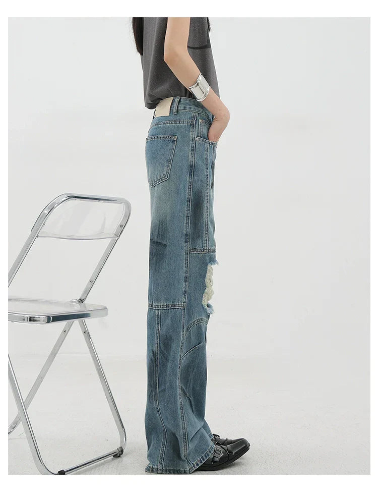 Vintage Distressed And Dirt-Dyed Patchwork Wide-Leg Jeans