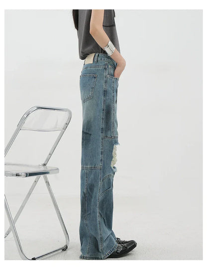 Vintage Distressed And Dirt-Dyed Patchwork Wide-Leg Jeans
