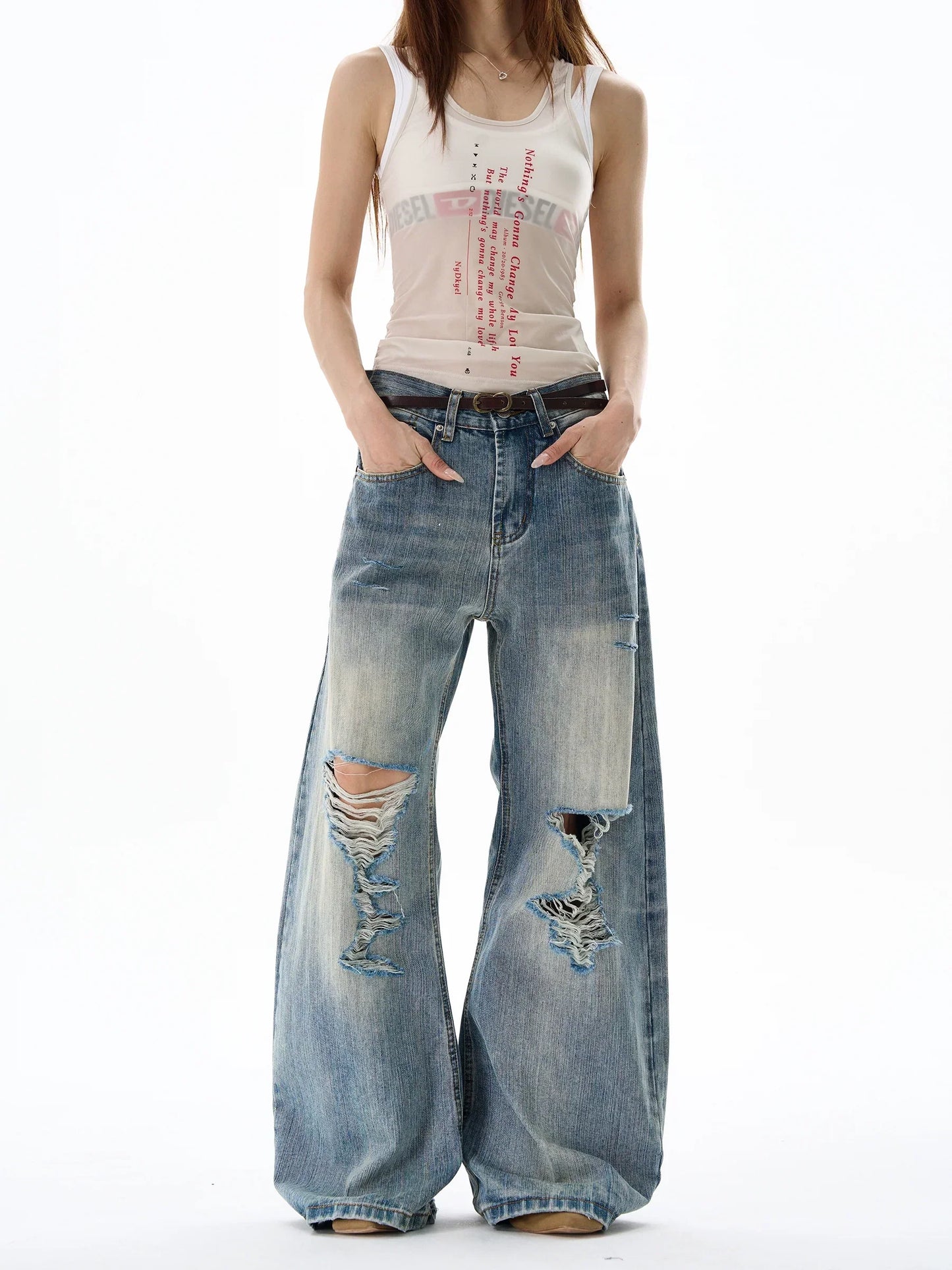 Heavy Knee Distressed Wide Leg Blue Jeans