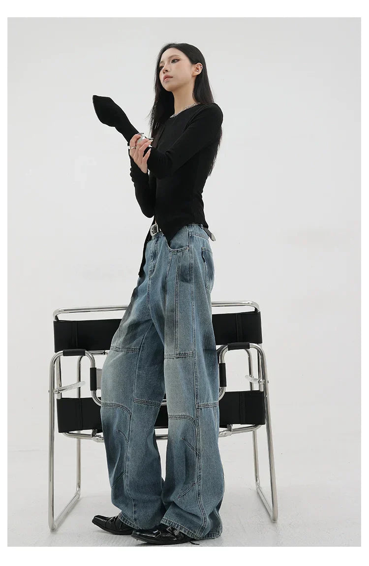 Vintage Distressed And Dirt-Dyed Patchwork Wide-Leg Jeans