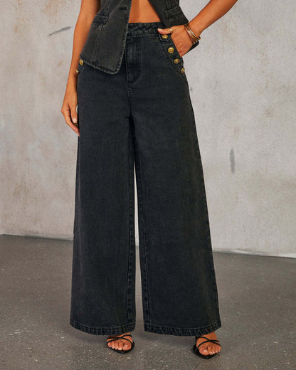 Button Sleeveless Vest Wide Leg Jeans Denim Set