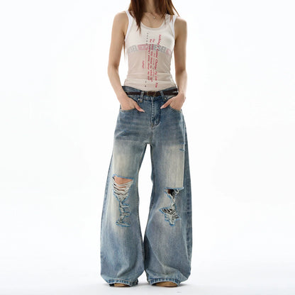 Heavy Knee Distressed Wide Leg Blue Jeans