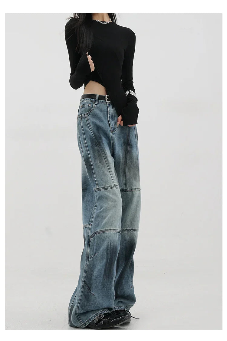 Vintage Distressed And Dirt-Dyed Patchwork Wide-Leg Jeans