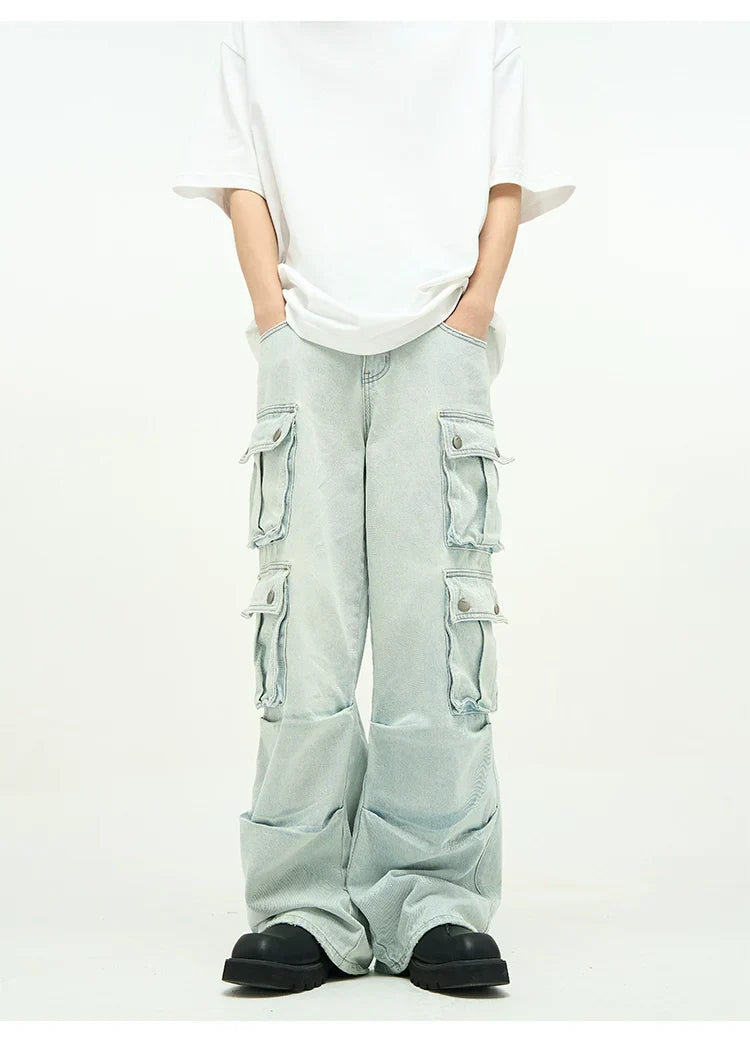 Light Wash Baggy Cargo Jeans with Multiple Flap Pockets