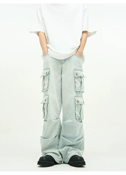 Light Wash Baggy Cargo Jeans with Multiple Flap Pockets