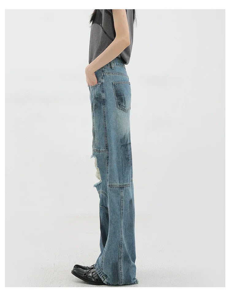 Vintage Distressed And Dirt-Dyed Patchwork Wide-Leg Jeans