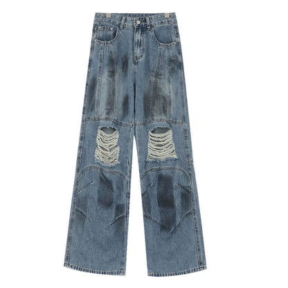 Vintage Distressed And Dirt-Dyed Patchwork Wide-Leg Jeans