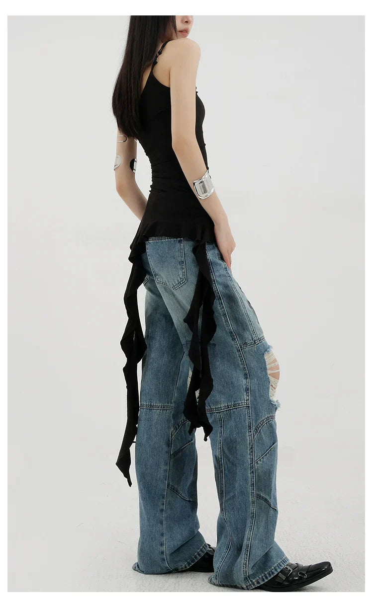 Vintage Distressed And Dirt-Dyed Patchwork Wide-Leg Jeans
