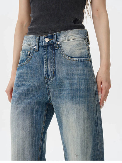 Heavy Knee Distressed Wide Leg Blue Jeans
