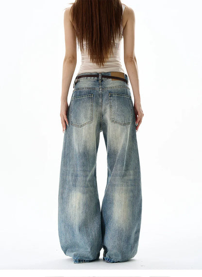 Heavy Knee Distressed Wide Leg Blue Jeans