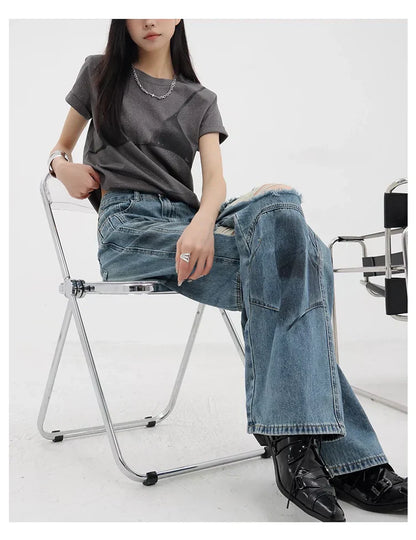 Vintage Distressed And Dirt-Dyed Patchwork Wide-Leg Jeans