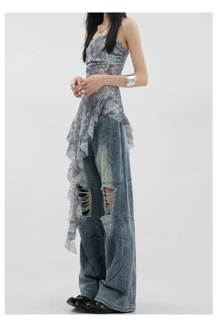 Vintage Distressed And Dirt-Dyed Patchwork Wide-Leg Jeans
