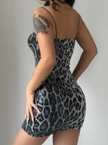 Leopard Print Spaghetti Shoulder Strap Square Collar Mini Dress Sparkly Sequins Party Club Y2K Clothes