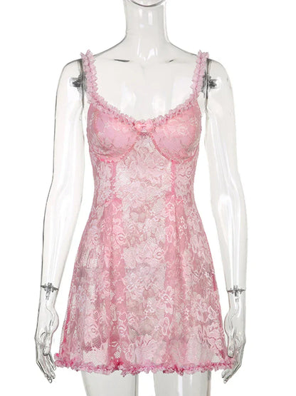 Voguable  See Through Lace Kawaii Dress Pink Transparent  Sleeveless Lolita Mini Dresses Fairycore  Aesthetic Sundress Y2K Outfit