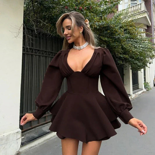 Sexy Low Cut Long Sleeve Pleated Mini Dress Women Elegant Wrap Waist Slim Party Vestido Spring Fall Harajuku Y2K Clothes
