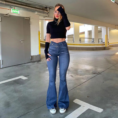 Women's Elegant High-Waisted Blue Flare Jeans | Ideal for All Seasons