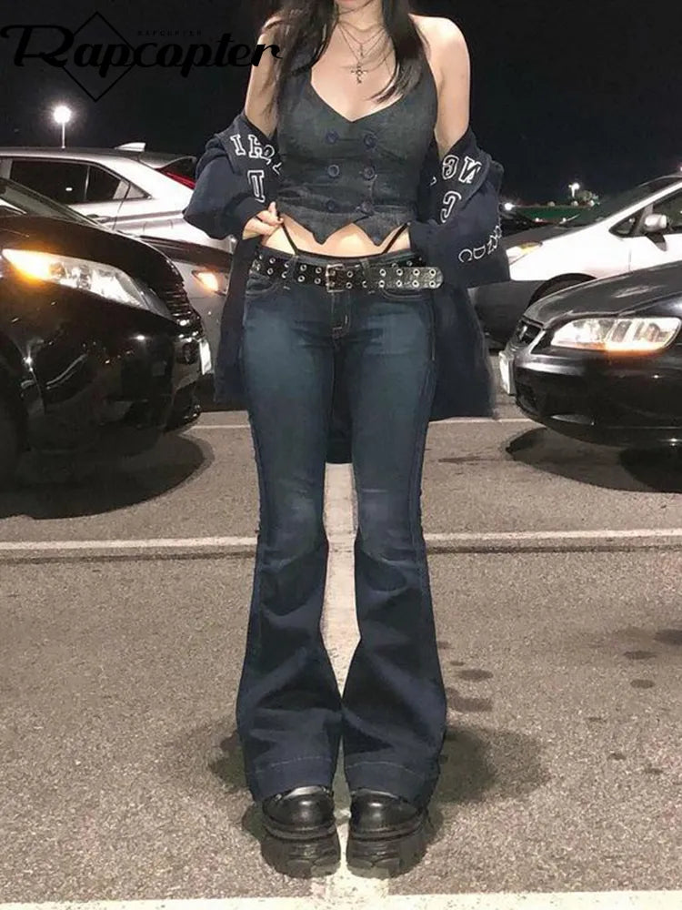 Women's Vintage Low-Waist Dark Wash Flared Jeans | Great for Everyday Wear