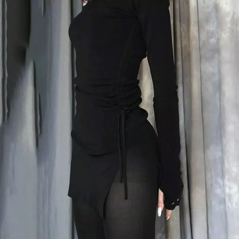 Mall Gothic Drawstring Bodycon Mini Dresses Y2k Punk Black Split Long Sleeve Dress Grunge Basic Partywear
