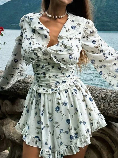 TAVIMART  -  Ruffled V-Neck Printed Mini Dress Female Bandage Autumn Fashion Lace-Up Contrast Drawstring Dress For Women Party Dress