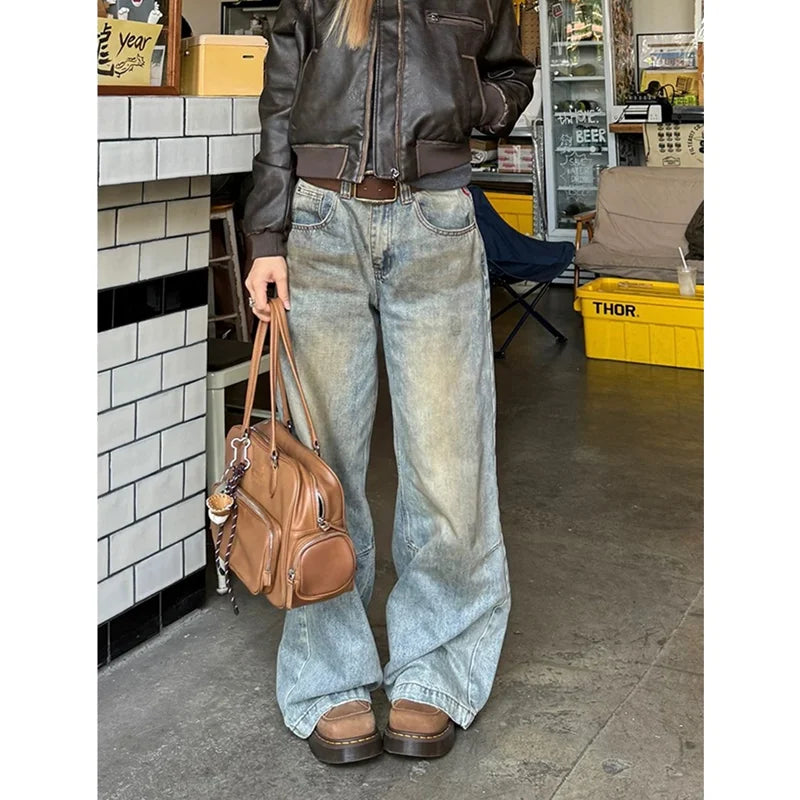 Women's Street Casual 2000s Pants Baggy Y2K Wide Leg Washed Grunge Denim Trouser American Vintage High Waist Straight Emo Jeans