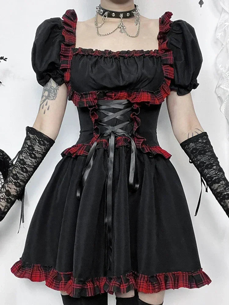 Red Plaid High Waist Bandage Corset Gothic Mini Dress