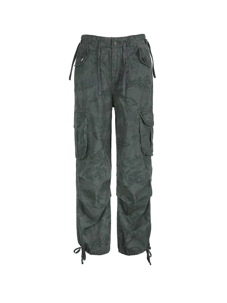 Print Camouflage Cargo Jeans Women Pockets Mid Waist Vintage Preppy Hippie Straight Denim Pants