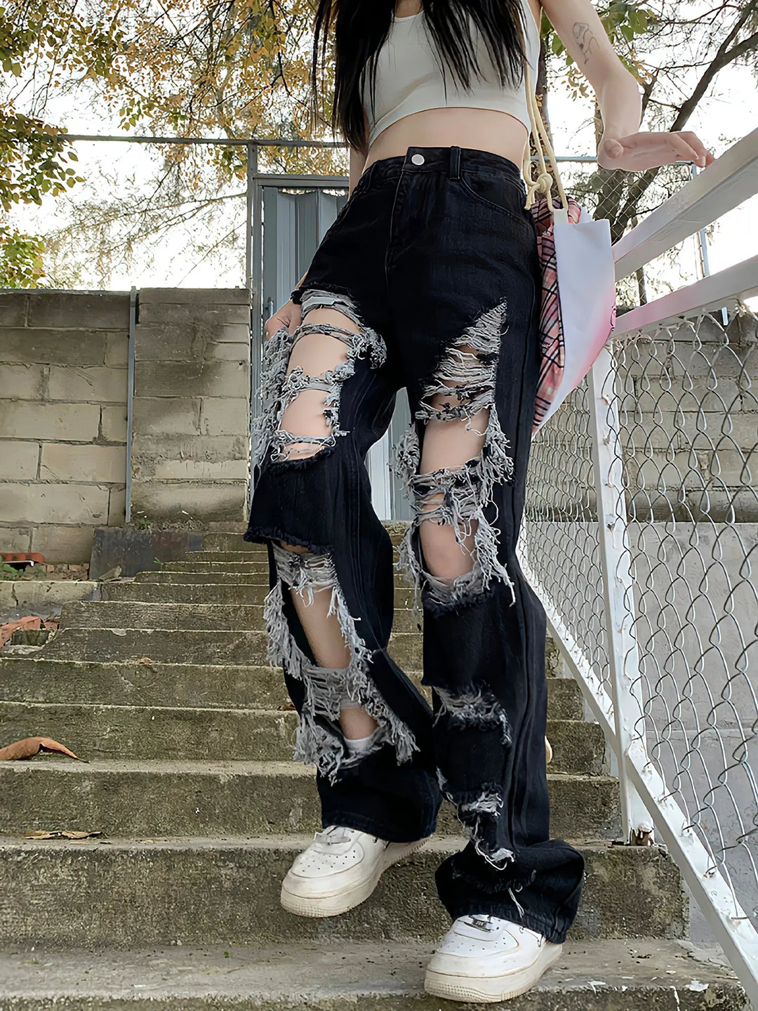 Women's Stylish High Waist Black Broken-Hole Jeans | Great for Casual Days