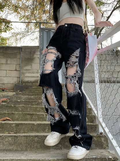 Women's Stylish High Waist Black Broken-Hole Jeans | Great for Casual Days