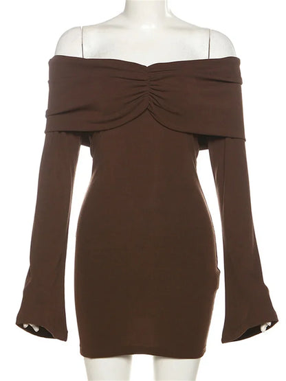 Vintage Pleated Slim Mini Dress Women Off-Shoulder Fashion Long Sleeve Patchwork Party Dress Female Solid Backless Drerss