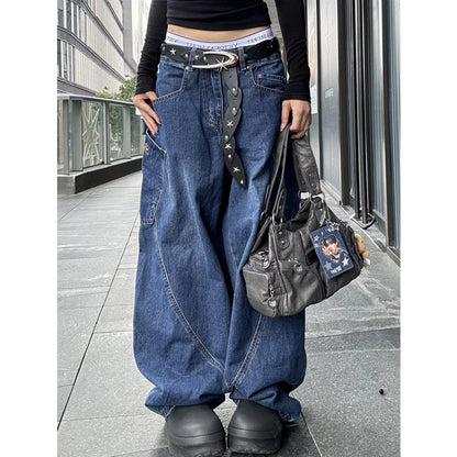 Blue Women's Jeans Hip-hop Fashion Vintage Streetwear Y2K Wide Leg Straight Jean High Waist Trouser Baggy Cargo Denim Pants