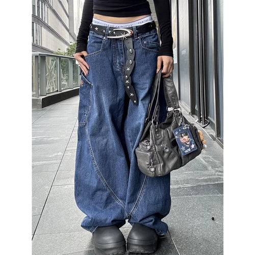 Blue Women's Jeans Hip-hop Fashion Vintage Streetwear Y2K Wide Leg Straight Jean High Waist Trouser Baggy Cargo Denim Pants