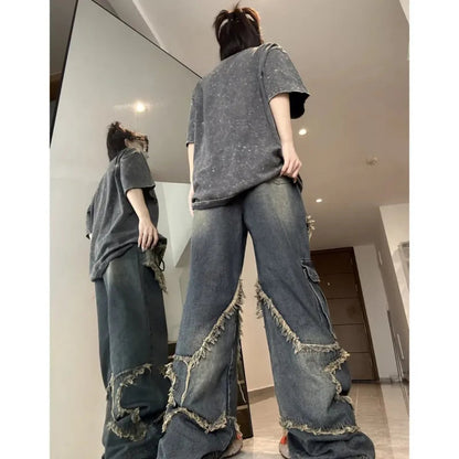 Women's Stylish Blue Baggy Jeans with Star Design | Great for All Seasons