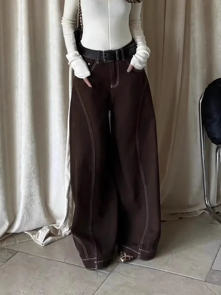 Vintage Brown Wide Leg Jeans Women Y2k High Street Baggy Denim Trousers Grunge Hip Hop American Retro Oversized Jeans