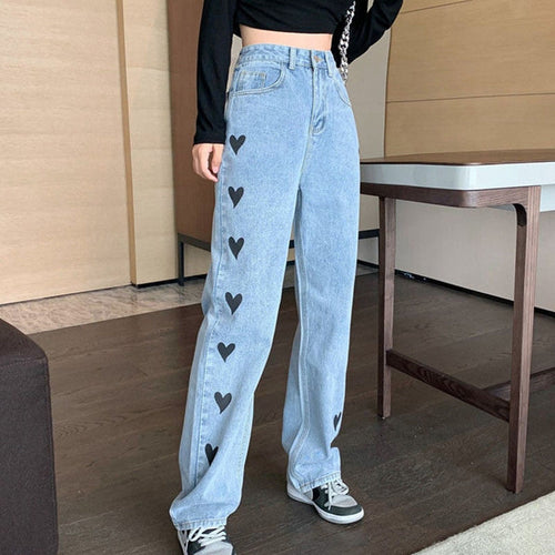 Women's Casual High-Waisted Denim Jeans with Heart Print | Great for Casual Days