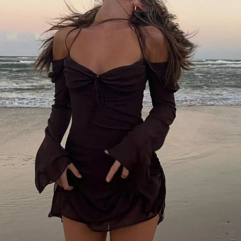 Y2K Fairycore Mesh Halter Dress Chic Flare Sleeve Side Drawstring Ruched Mini Dress Elegant Lady Beach Holiday Club Party