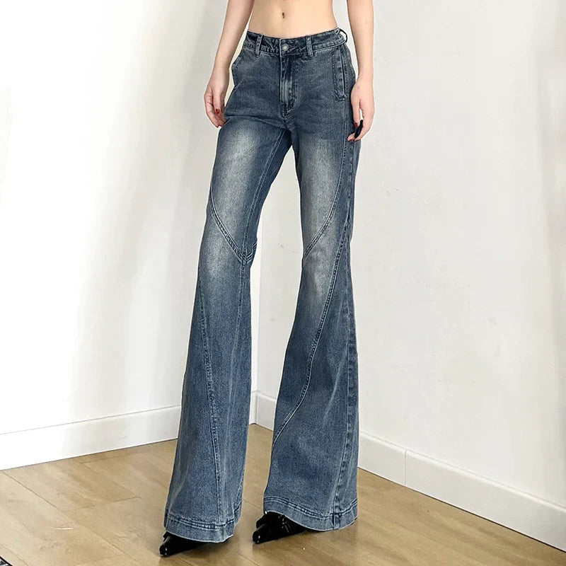 Y2K Low Waisted Washed Flare Jeans Korean Streetwear Blue Slim Fit Denim Pants Fashion Lady Casual Boot Cut Trousers