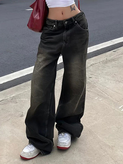American Retro Casual Straight Leg Jeans Woman Vintage Street Style Distressed Denim Pants